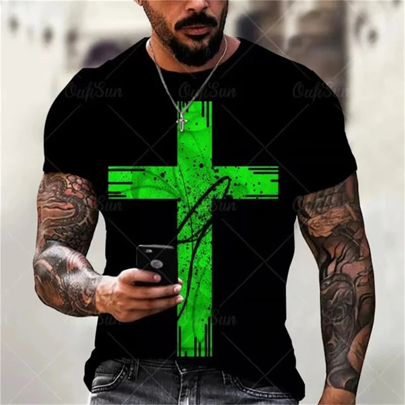 Christian Men Clothing T Shirts Oversized T-shirt Gothic Jesus Christ Cross 3D Print O-neck Tops Vintage Personality Unisex Tees