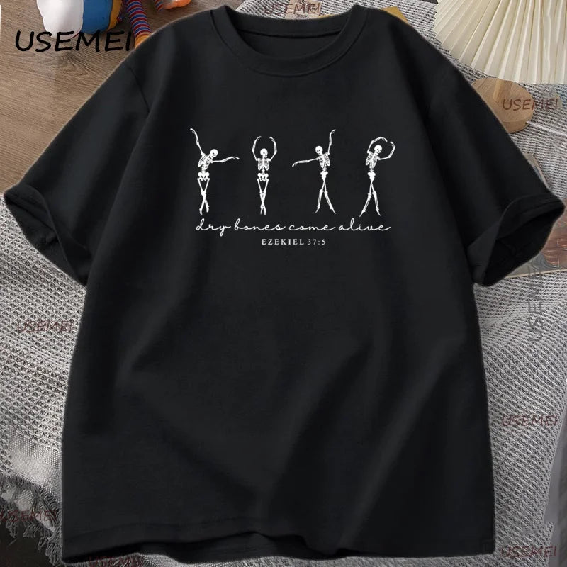 Skeleton Dancing T-Shirt Men Women Christian Halloween T Shirt Retro Fall Bible Verse Tee High Quality Man Clothing Streetwear