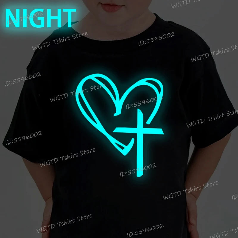 Children's Clothing Christian Heart Cross Glowing T-shirt Jesus Heart Cross Clothes Child Girl Boy Luminous Harajuku Kids Tops
