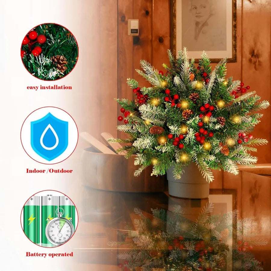 2 Pack Lighted Artificial Christmas Urn Filler Battery Operated Prelit Xmas Pine Trees with Tripod Stake and 60 LED Lights for