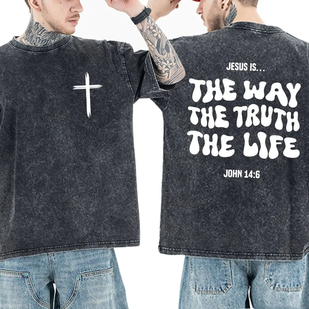 Washed Vintage Christian Jesus Bible Verse T-shirts Men Women Clothing Fashion Harajuku Cotton Short Sleeves Oversized T Shirts