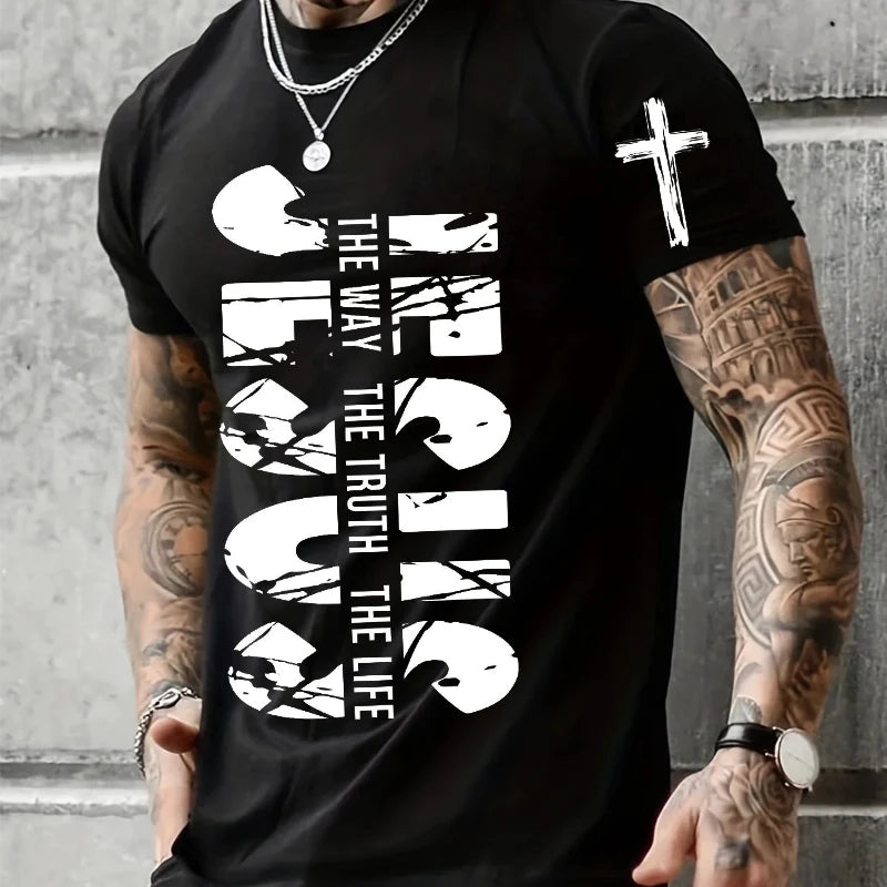Loose Men T-shirt Summer Jesus The Way The Truth The Life Print T Shirt Christian Bible  Retro Design Men Street Tee Clothing