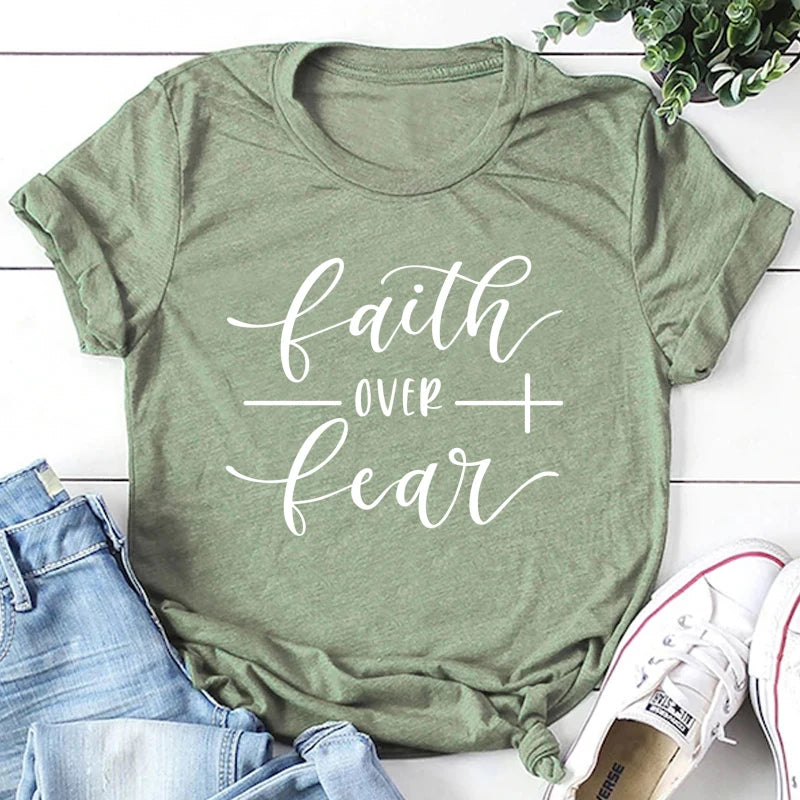 Faith Over Fear Christian T-Shirt Religion Clothing For Women Faith Shirt Graphic Fearless Slogan Vintage Grunge Tops Girl tees