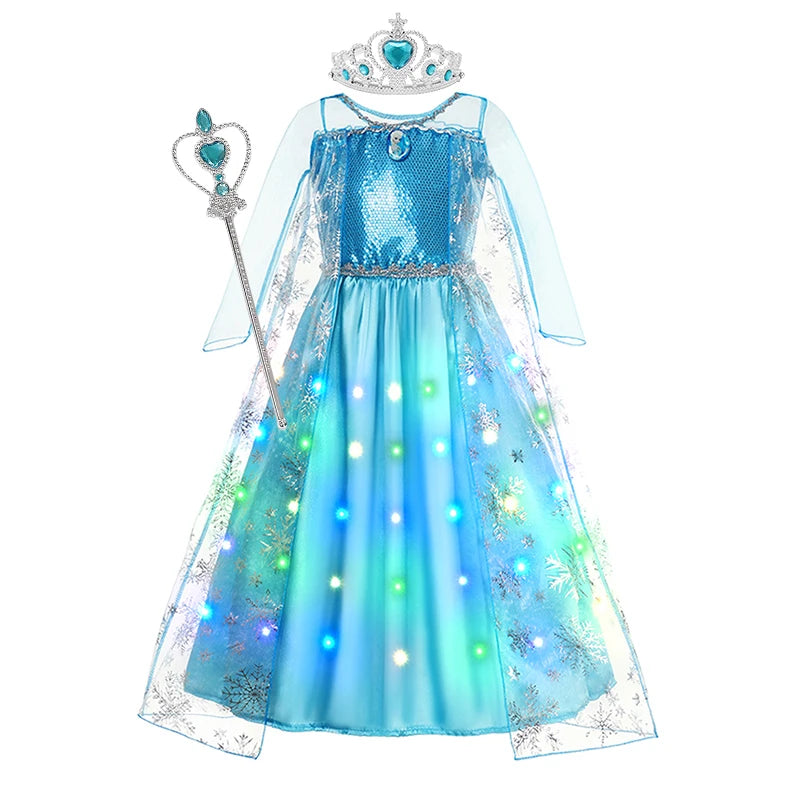 LED Light Up Elsa Dresses for Girls Kids Carnival Christmas Party Gown Childrens Cosplay Party Clothes Girls Long Sleeve Dresses