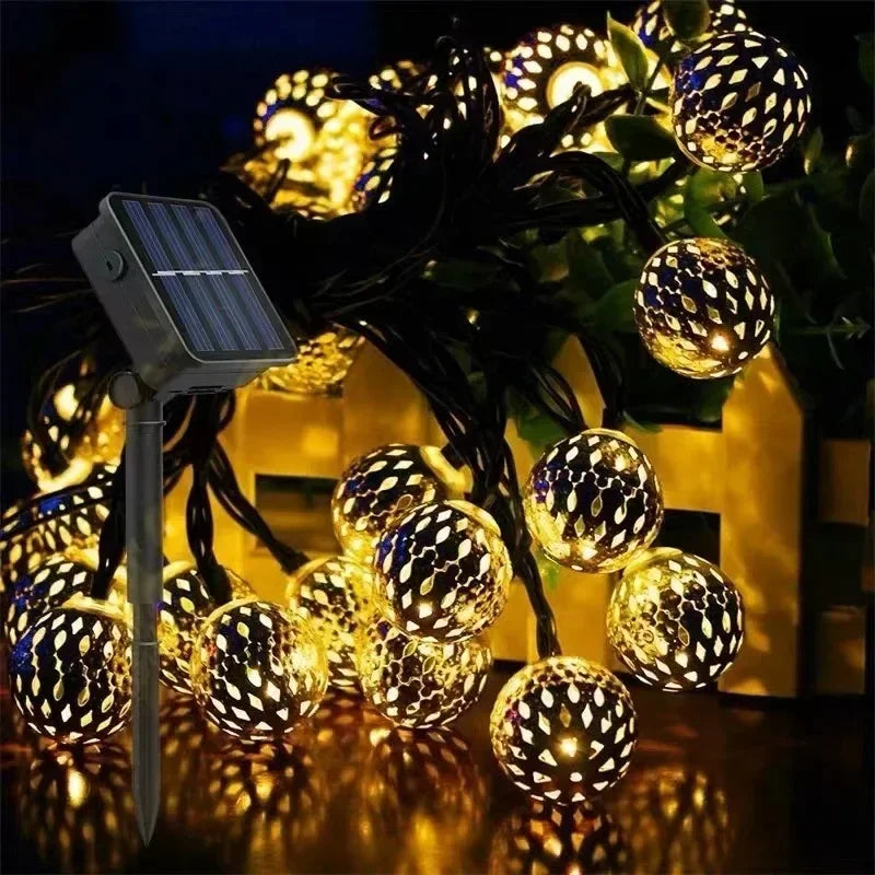 Solar Light String Hollow Moroccan Ball Atmosphere Lamp Christmas Colored Light Iron Round Ball Room Decoration Star Shaped Lamp
