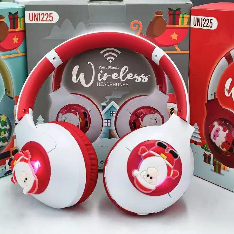 Christmas Bluetooth Headphones Toy Santa LED Light Up Headset with Safe Volume, Festive Gift for Kids with Holiday Music Mode