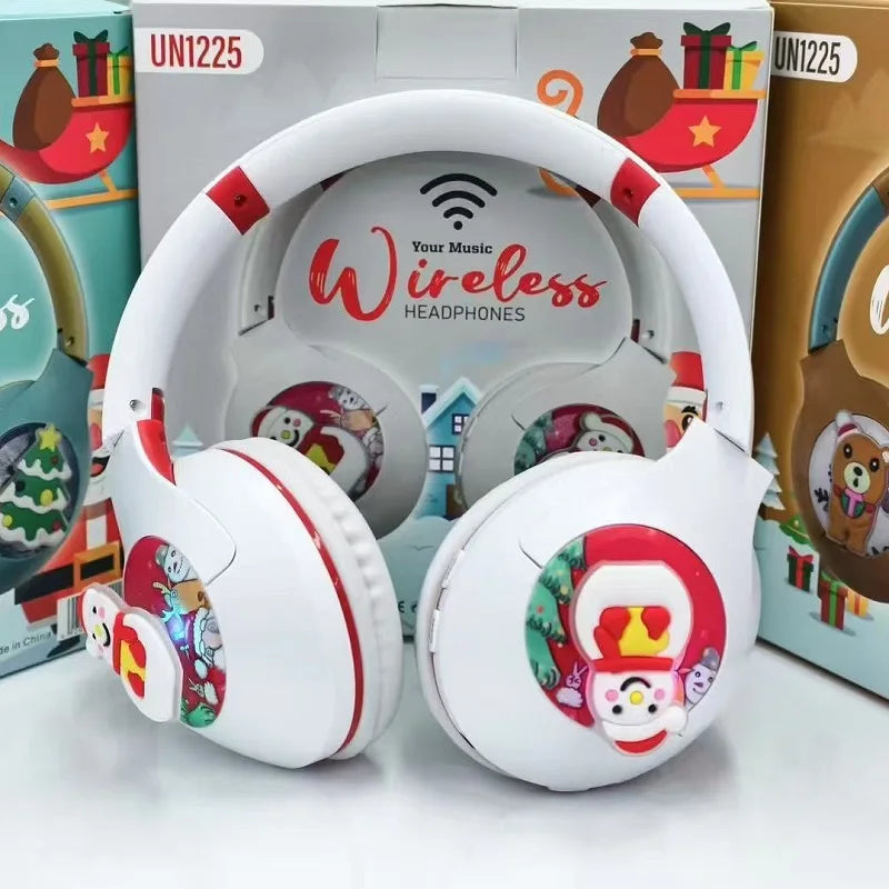 Christmas Bluetooth Headphones Toy Santa LED Light Up Headset with Safe Volume, Festive Gift for Kids with Holiday Music Mode