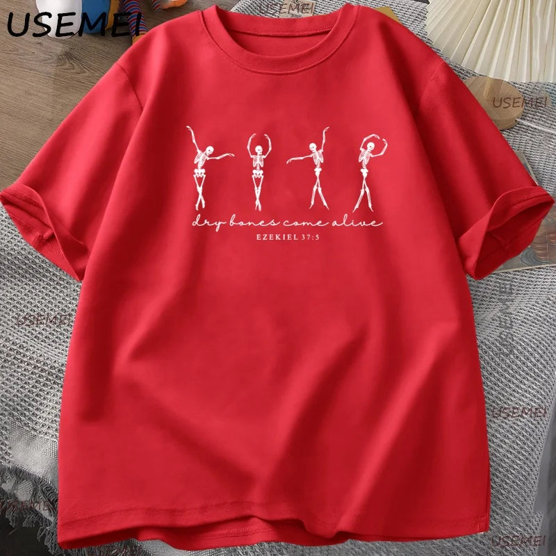 Skeleton Dancing T-Shirt Men Women Christian Halloween T Shirt Retro Fall Bible Verse Tee High Quality Man Clothing Streetwear