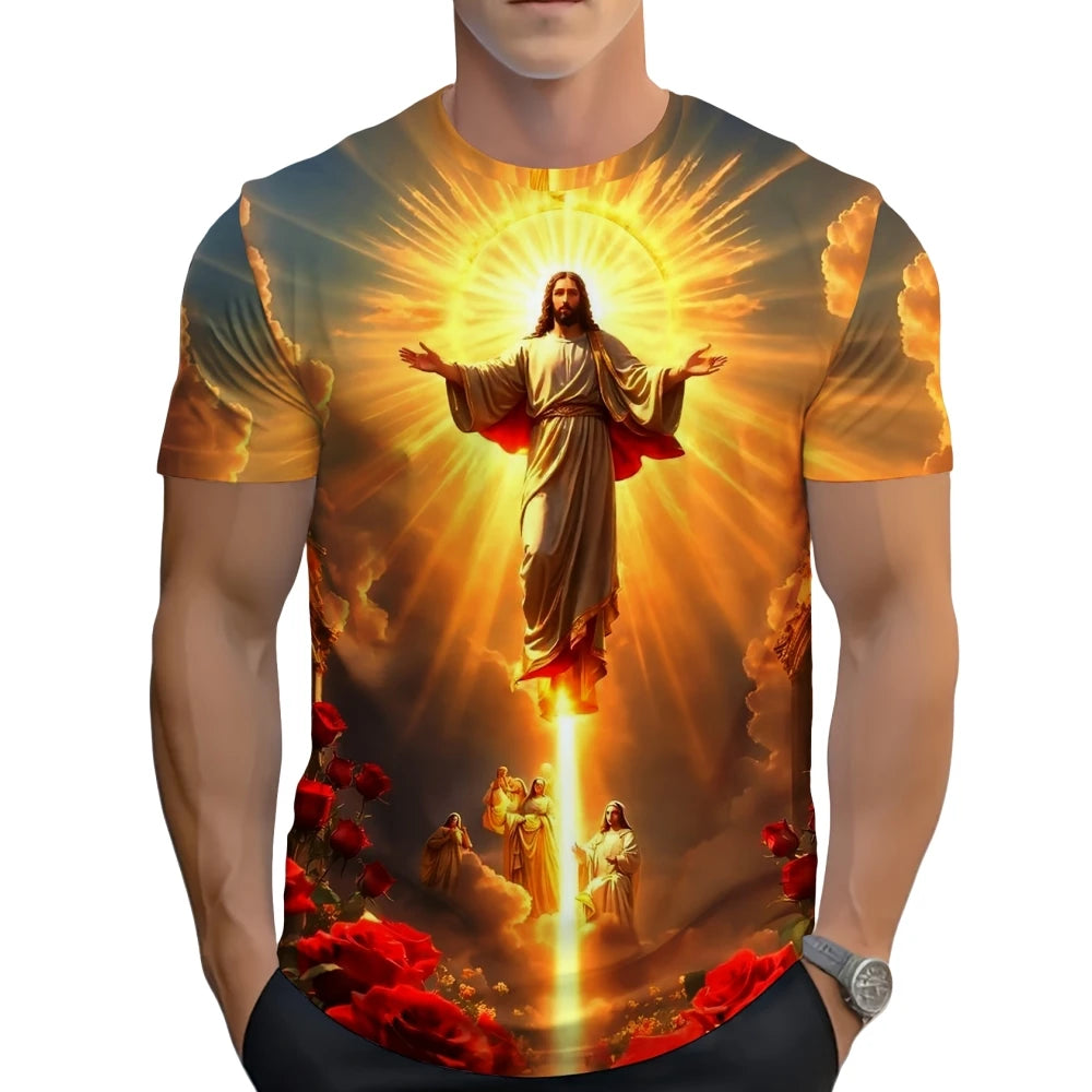 Vintage T-Shirts for Men 3D Jesus Passion Print Short Sleeve Tops Summer Christian T Shirt Loose Oversized T Shirts Men Clothing
