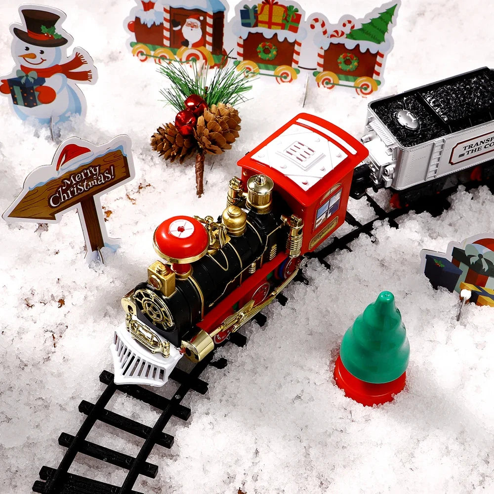 Christmas Train Set Festive Mini Locomotive Model with Lights Sound Water Steam Railway Kits Electric Tracks Toys Kids Gift