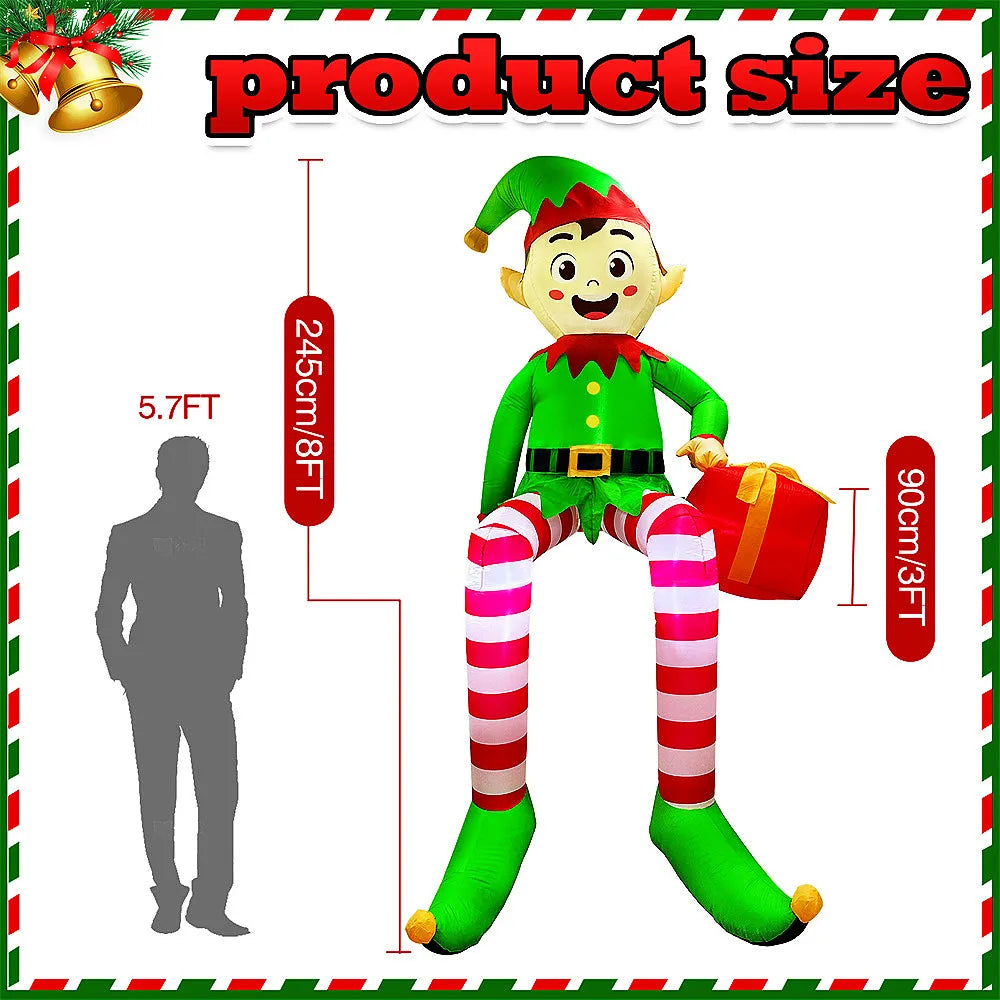 8FT/2.4M Christmas Inflatables Sitting Elf Outdoor Decorations with LED Lights for Xmas Outdoor Yard Garden Party Decor Gifts