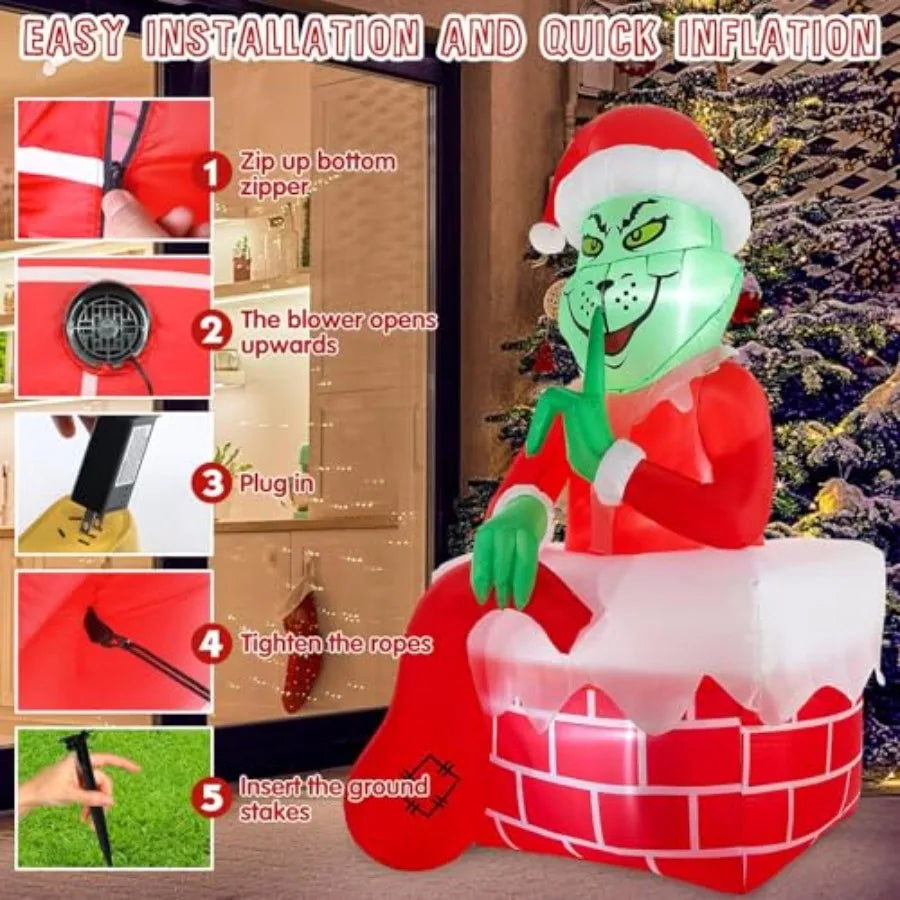 6FT Christmas Inflatable Outdoor Decoration Featuring a Green Ugly Monster with Builtin LED Lights for Holiday Party Halloween