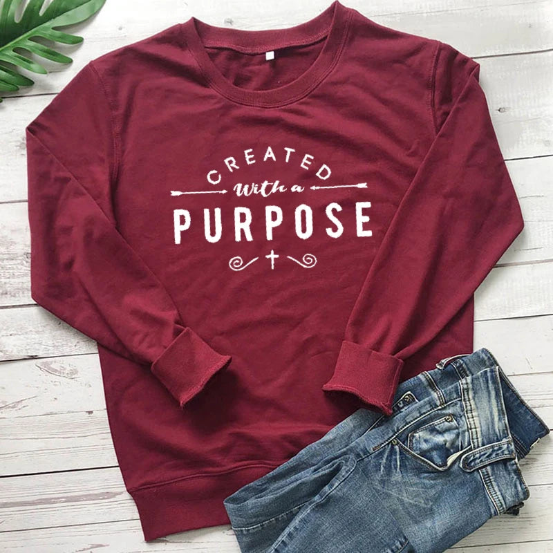 Spring Created with A Purpose Sweatshirt Funny Cotton O-Neck Fashion Clothing Hoodies 100% Cotton Christian Faith Jumper Tops