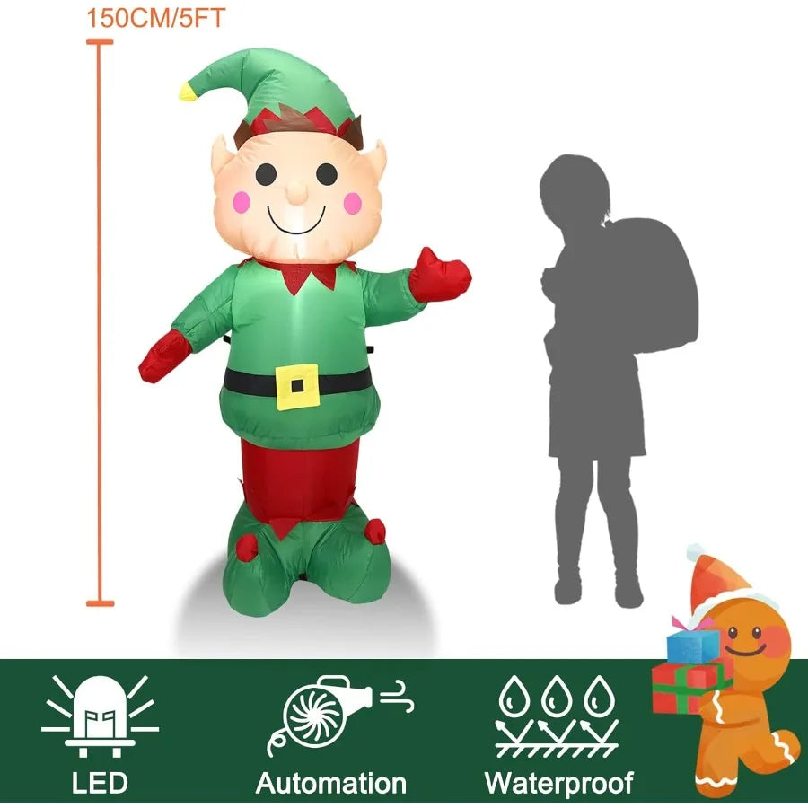 5FT H Christmas Inflatable Christmas Elf Boy with Builtin LED Lights for Outdoor and Indoor Holiday Decorations Large Party Yar