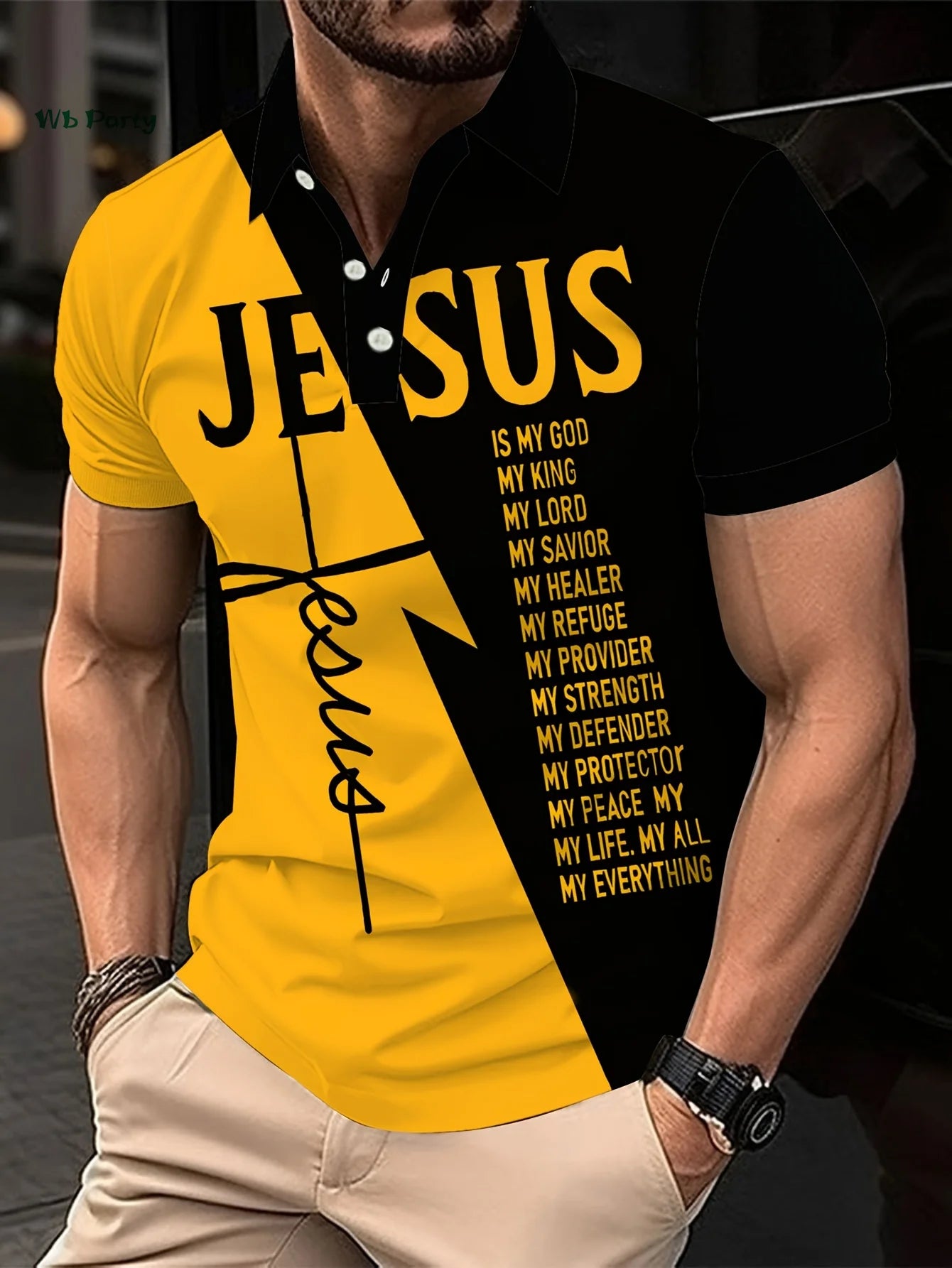 Men's Short Sleeve Lapel Polo Christian Text Printed Colorblocked Shirt Easter Clothing Summer Outdoor Casual Button down Tops