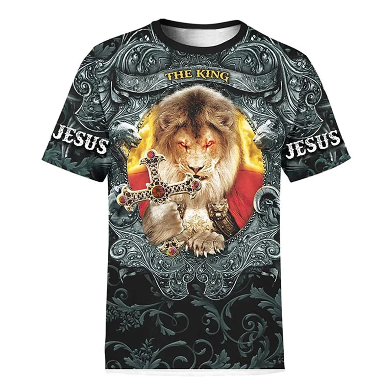 Trendy Vintage T Shirt For Men Women  3D Full Print Lion Cross Graphic T-Shirt Fashion Short Sleeve Jesus Christian Y2k Clothing