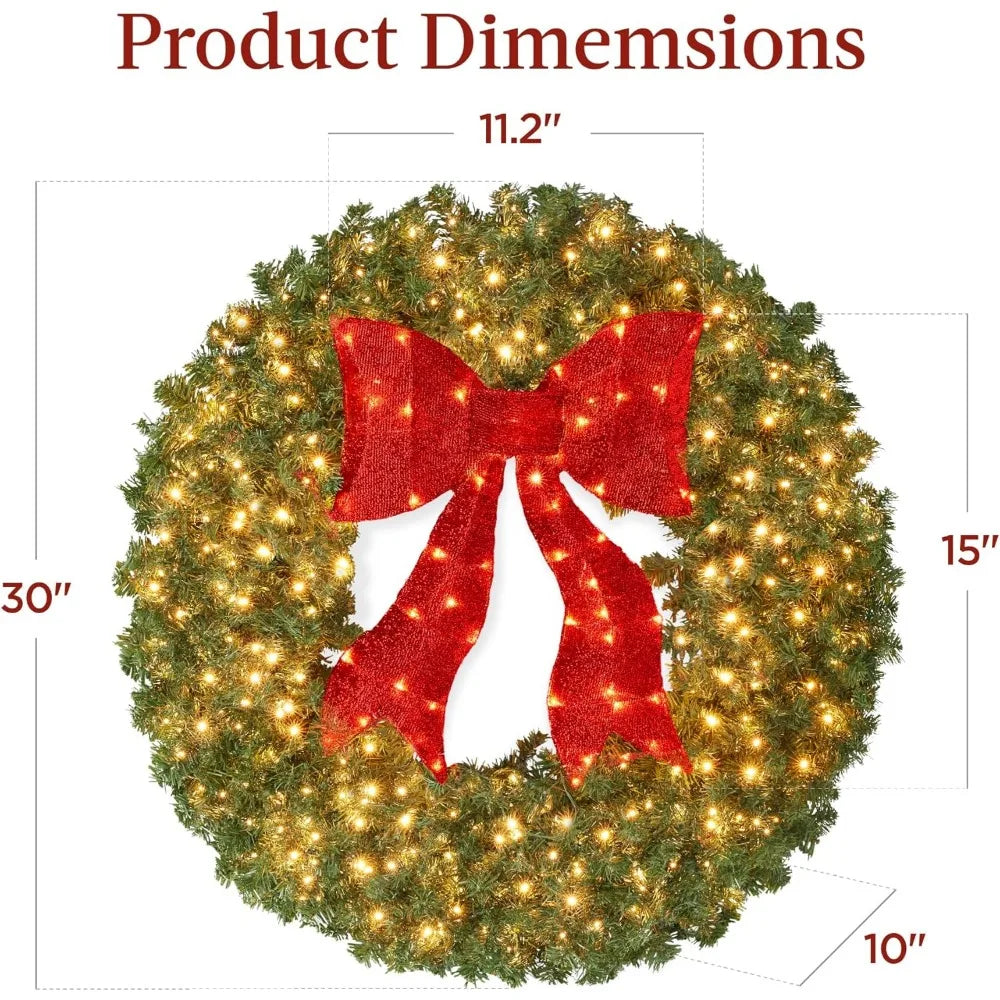 30 Inch Large Pre-lit Artificial Fir Christmas Wreath with Red Lights - Door and Mantel Holiday Decoration Accent