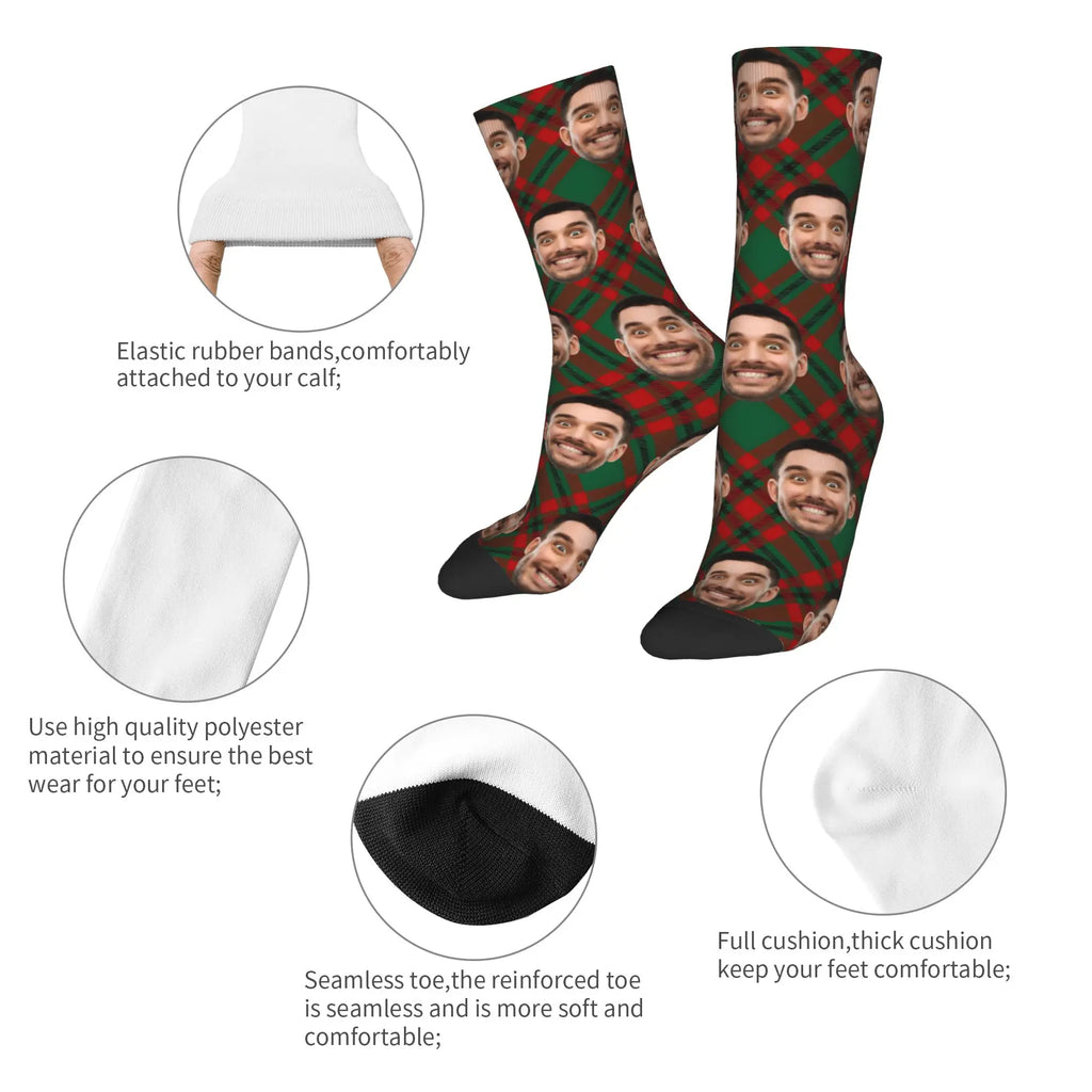 Personalized Christmas Gift Socks Custom Face Xmas Elements Stars Lights Red Unique for Friends Couple Family