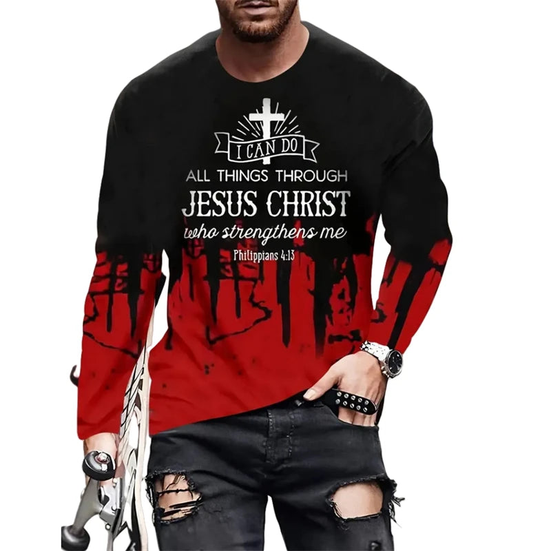 Men's T-shirt Christian Letter Pattern Jesus Retro Long Sleeve Round Neck T-shirt 3D Printed T-shirt Sports Men's Clothing
