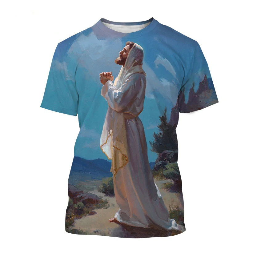 Christian God Jesus 3D Print T-shirt Men's O-Neck Short Sleeve T Shirts Streetwear Oversized Harajuku Tees Tops Kids Clothing