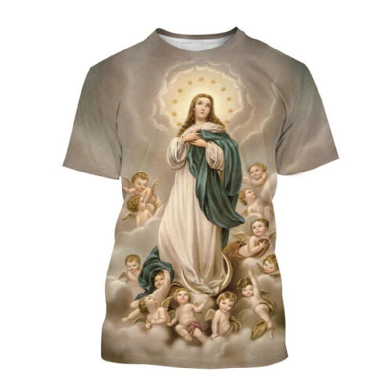 Virgin Mary T Shirt Goddess Of Mercy 3D Print T-Shirt Christian Blessed Jesus God T Shirts Womens Clothing Unisex Short Tops