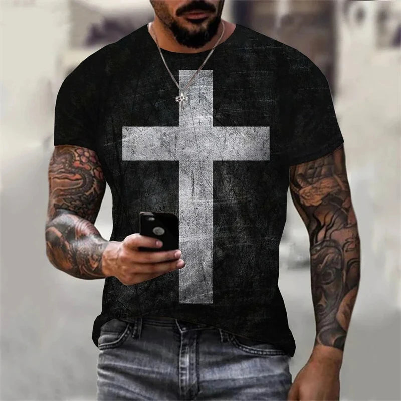 Christian Men Clothing T Shirts Oversized T-shirt Gothic Jesus Christ Cross 3D Print O-neck Tops Vintage Personality Unisex Tees