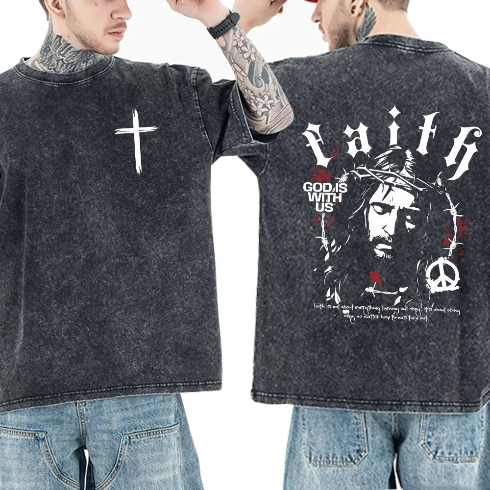 Christian Jesus Faith Bible Verse Washed T-shirts Men Women Clothing Fashion Vintage Oversized T Shirts Casual Cotton T-shirt