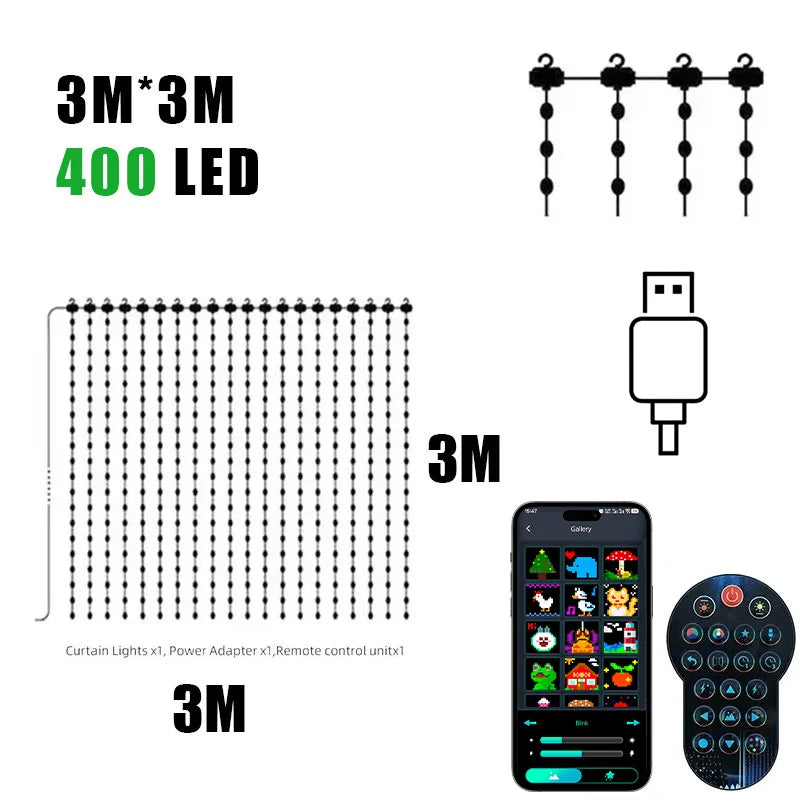 Smart RGB Curtain Light String USB Plug Remote Control LED Curtain Light APP Bluetooth Control String Lights for Room Decoration