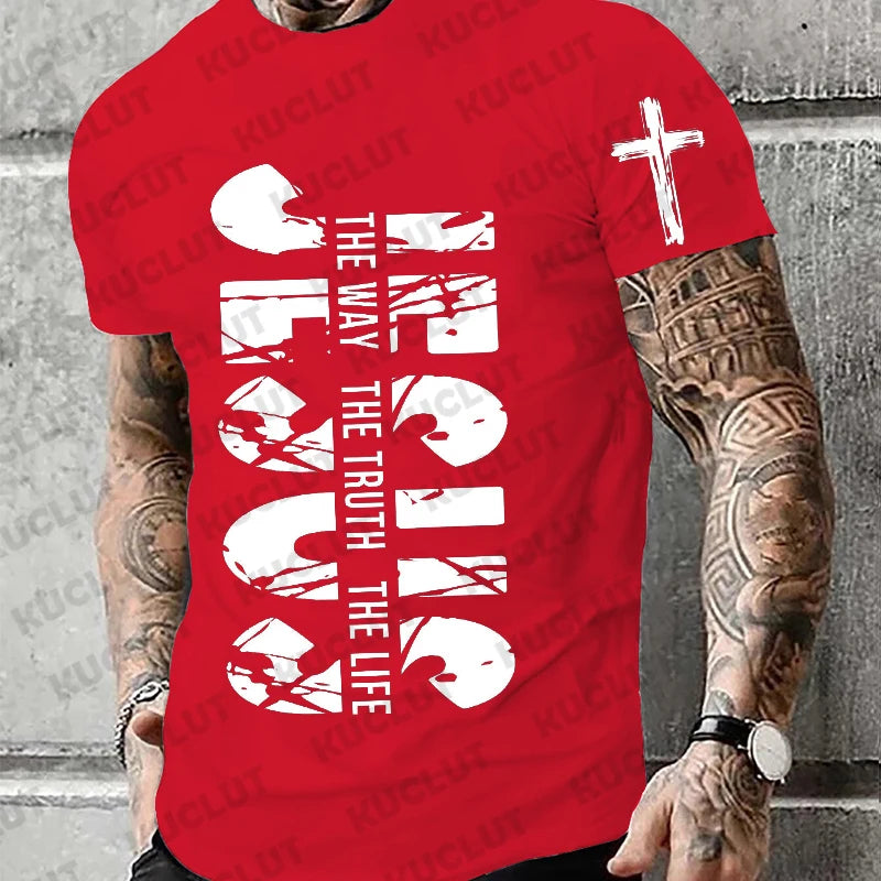 Loose Men T-shirt Summer Jesus The Way The Truth The Life Print T Shirt Christian Bible  Retro Design Men Street Tee Clothing