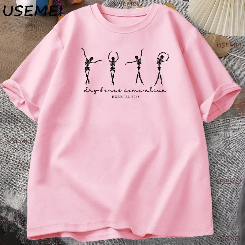 Skeleton Dancing T-Shirt Men Women Christian Halloween T Shirt Retro Fall Bible Verse Tee High Quality Man Clothing Streetwear