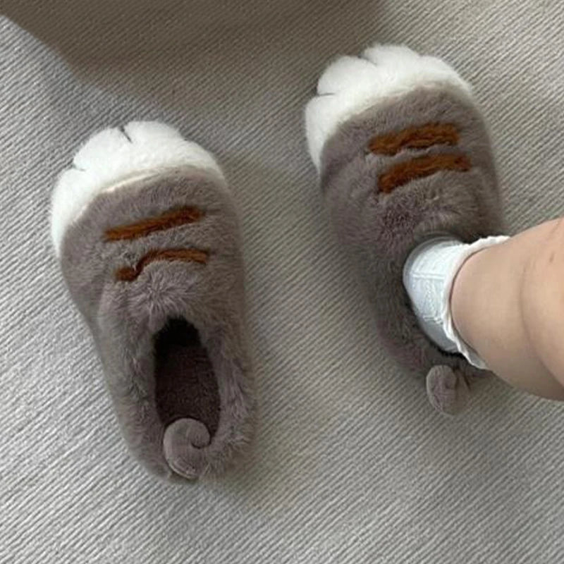 Fun fluffy cats feet slippers cute trend home shoes woman snug kitty paw furry slides women's Christmas slippers birthday gifts