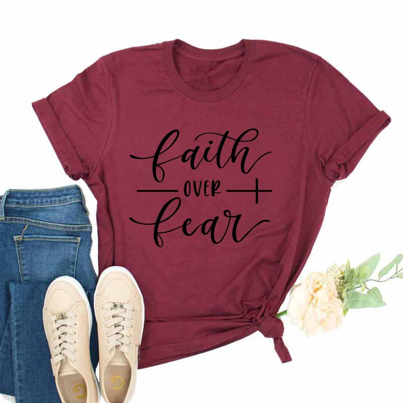 Faith Over Fear Christian T-Shirt Religion Clothing For Women Faith Shirt Graphic Fearless Slogan Vintage Grunge Tops Girl tees