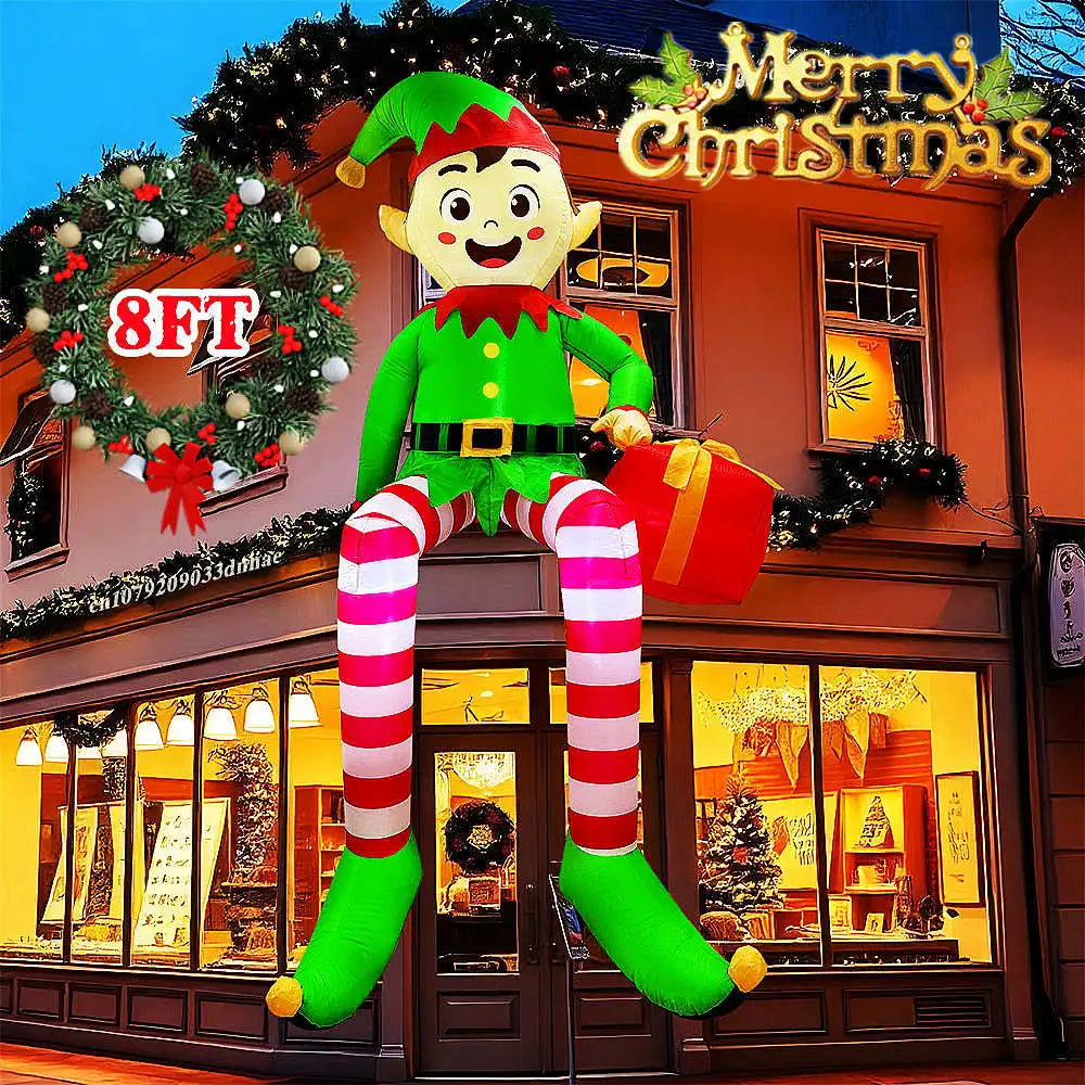 8FT/2.4M Christmas Inflatables Sitting Elf Outdoor Decorations with LED Lights for Xmas Outdoor Yard Garden Party Decor Gifts