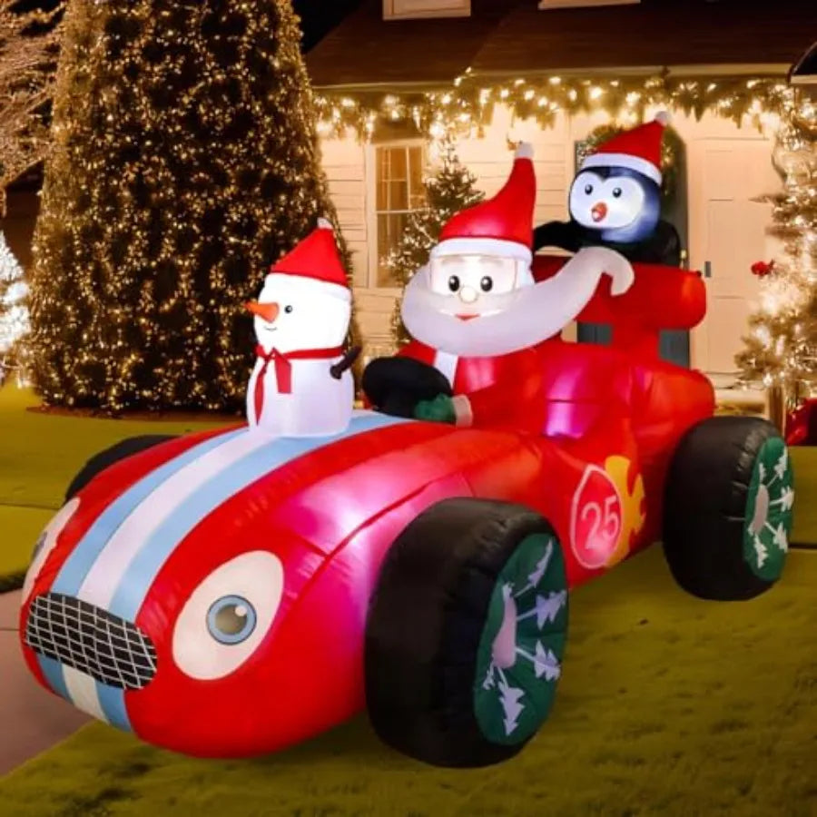 8FT Inflatable Christmas Decorations Outdoor Santa Race Car with Snowman Penguin LED Lighted Blow Up Xmas Inflatable Yard Decor