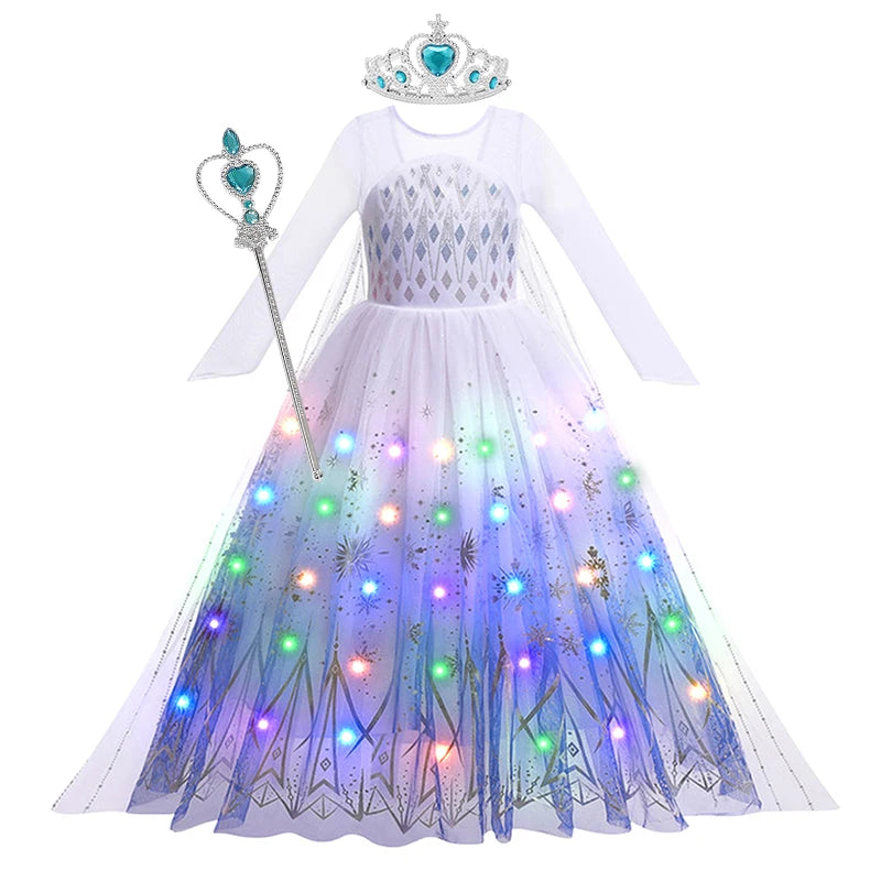 LED Light Up Elsa Dresses for Girls Kids Carnival Christmas Party Gown Childrens Cosplay Party Clothes Girls Long Sleeve Dresses