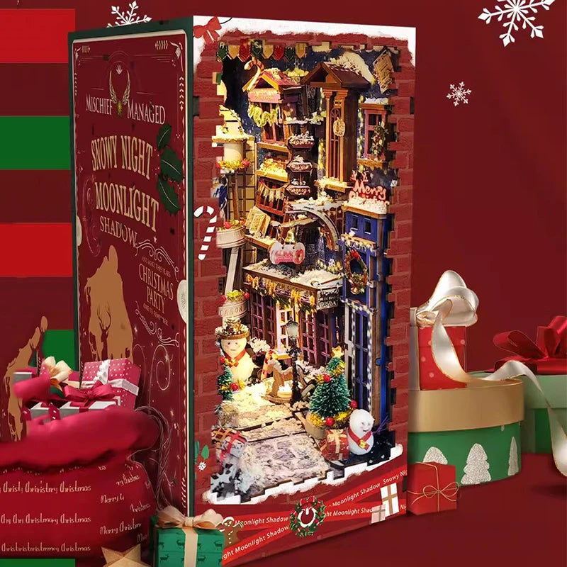 DIY Book Nook Merry Christmas Bookend Wooden Miniature Model Kit with Led Lights Handmade Bookshelf for Friends Birthday Gifts