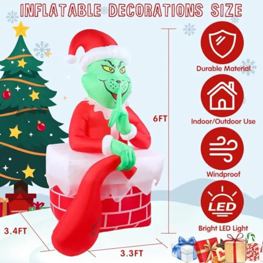6FT Christmas Inflatable Outdoor Decoration Featuring a Green Ugly Monster with Builtin LED Lights for Holiday Party Halloween