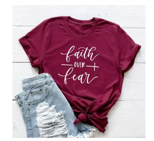 Faith Over Fear Christian T-Shirt Religion Clothing For Women Faith Shirt Graphic Fearless Slogan Vintage Grunge Tops Girl tees