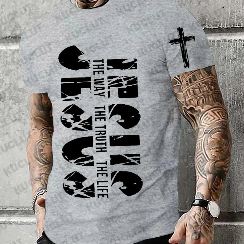 Loose Men T-shirt Summer Jesus The Way The Truth The Life Print T Shirt Christian Bible  Retro Design Men Street Tee Clothing