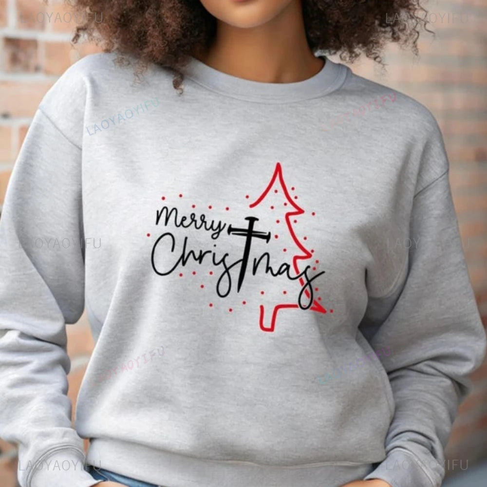 Merry Christmas Sweatshirt Christian Cross Tree Hoodie Religious Holiday Gift Faith Christmas Gift Hoodies Women Clothing