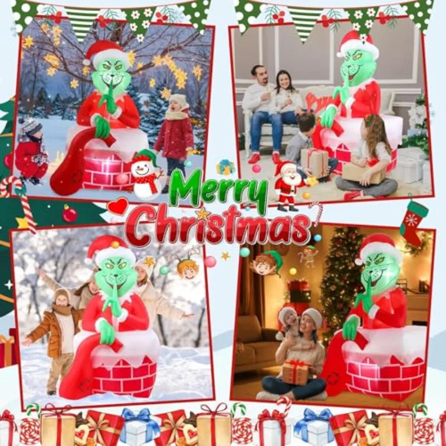 6FT Christmas Inflatable Outdoor Decoration Featuring a Green Ugly Monster with Builtin LED Lights for Holiday Party Halloween