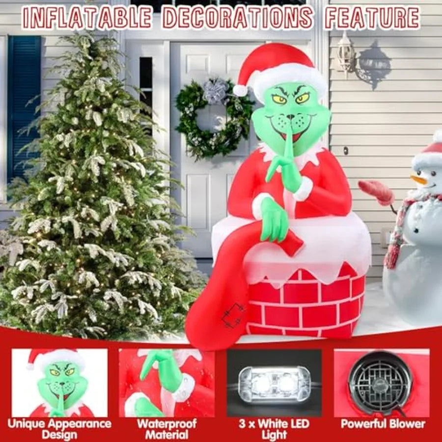 6FT Christmas Inflatable Outdoor Decoration Featuring a Green Ugly Monster with Builtin LED Lights for Holiday Party Halloween