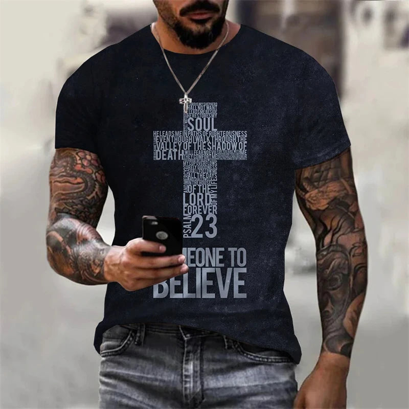 Christian Men Clothing T Shirts Oversized T-shirt Gothic Jesus Christ Cross 3D Print O-neck Tops Vintage Personality Unisex Tees