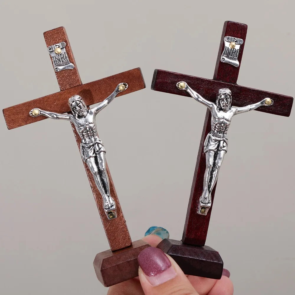 Wooden Jesus Figurine Cross Stand Ornament Vintage Christian Crucifix Home Church Decor Religious Shelf Ornament Catholic Gift