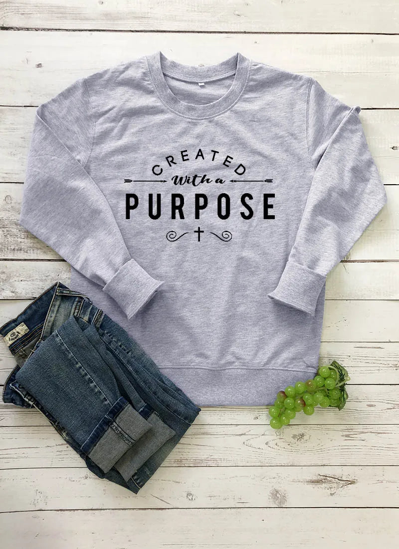 Spring Created with A Purpose Sweatshirt Funny Cotton O-Neck Fashion Clothing Hoodies 100% Cotton Christian Faith Jumper Tops