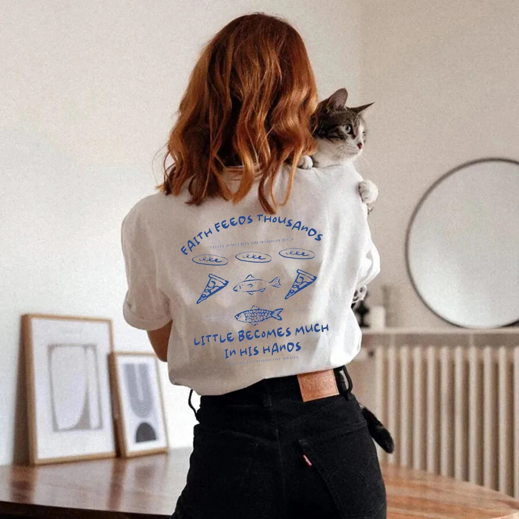 Retro Boho Loaves and Fishes T-Shirt Christian Streetwear Jesus Math Graphic Shirt Cool Religious Faith Apparel Unisex Clothing