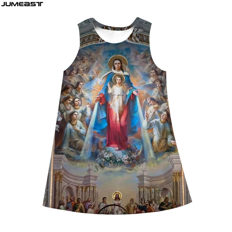 Jumeast 3D Virgin Mary Print Sleeveless Skirt Dress Christian Angel Graphic Summer Fashion Women's Nightdress Lolita Clothing