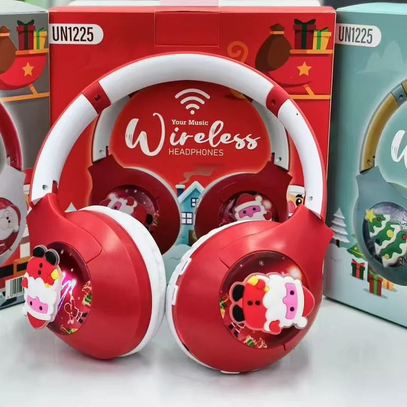 Christmas Bluetooth Headphones Toy Santa LED Light Up Headset with Safe Volume, Festive Gift for Kids with Holiday Music Mode