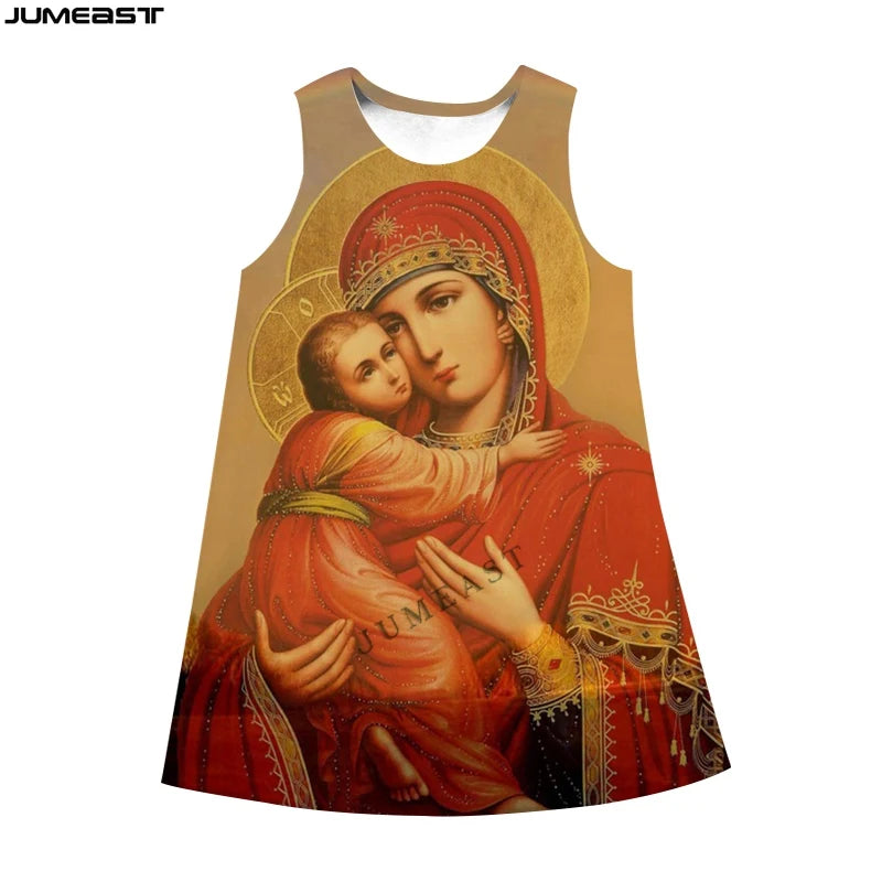 Jumeast 3D Virgin Mary Print Sleeveless Skirt Dress Christian Angel Graphic Summer Fashion Women's Nightdress Lolita Clothing