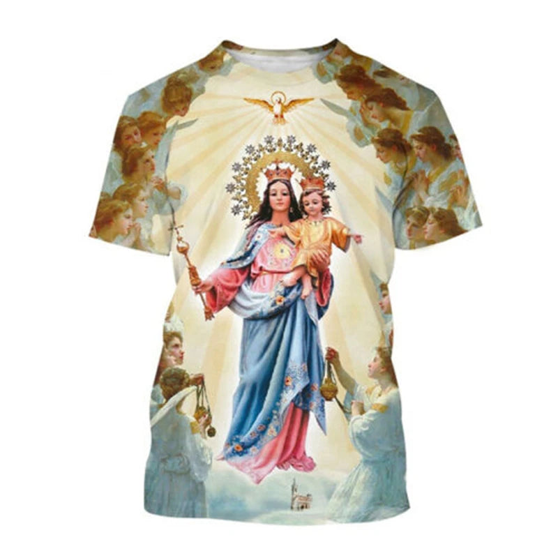 Virgin Mary T Shirt Goddess Of Mercy 3D Print T-Shirt Christian Blessed Jesus God T Shirts Womens Clothing Unisex Short Tops
